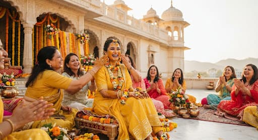 Bride in yellow surrounded by marigolds during a Haldi celebration